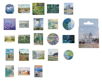 May include: A set of 20 decorative stickers featuring various paintings of water lilies, bridges, and landscapes. The stickers are printed on white paper and have a glossy finish.