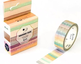 May include: A roll of watercolor masking tape with a rainbow stripe pattern. The tape is 15mm wide and 7 meters long. The tape is packaged in a box with a watercolor design.