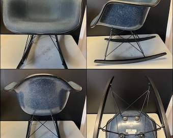 Original HERMAN MILLER Eames Blue Black ROCKER Fiberglass Shell Chair