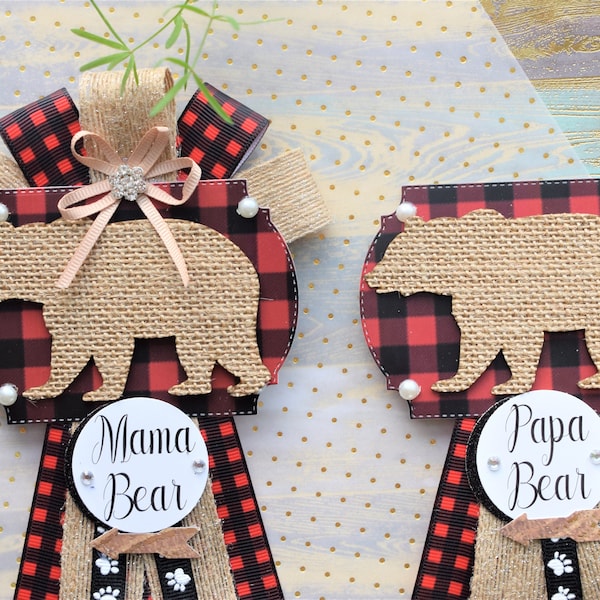 Mama Bear Corsage Pin, Buffalo Plaid Mommy Bear Baby Shower, Papa Bear Pin, Lumberjack Mommy Daddy To Be Corsage, Red Black Buffalo Plaid