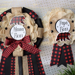 Mama Bear Corsage Pin, Buffalo Plaid Mommy Bear Baby Shower, Papa Bear Pin, Lumberjack Mommy Daddy To Be Corsage, Red Black Buffalo Plaid