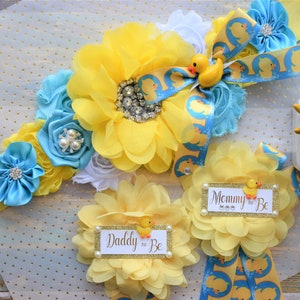 Rubber Duck Baby Shower, Ducky Flower Sash, Mommy To Be Ribbon, Daddy To Be Corsage Pin, Yellow Blue White Duck Baby Shower Sash, Custom image 1