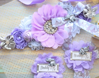 Lavender Grey Elephant Baby Shower, Lavender Grey Elephant Sash and Pin Set, Purple Elephant Belly Sash, Lilac Flower Maternity Sash, Custom