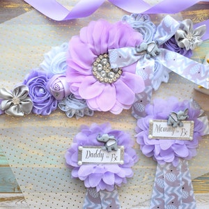 Lavender Grey Elephant Baby Shower, Lavender Grey Elephant Sash and Pin Set, Purple Elephant Belly Sash, Lilac Flower Maternity Sash, Custom