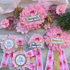 Pink Pumpkin Baby Shower, Ivory Pink Maternity Sash, Gold Pink Cream Mommy To Be Pin, Pumpkin Daddy To Be Pin, Fall Belly Sash, Custom