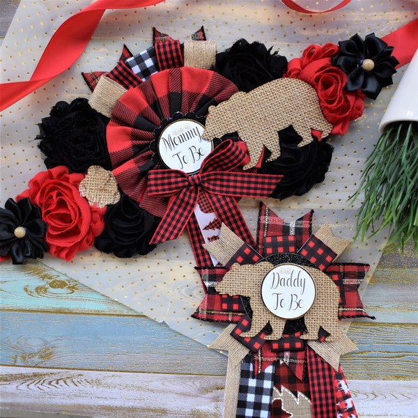 Buffalo Plaid Bear, Lumberjack Baby Shower, Buffalo Bear Plaid Shower, Burlap with Buffalo Maternity Sash, Burlap Red Black Sash, Custom