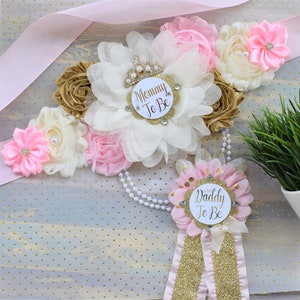 Princess Pink Gold Crown Princess Flower Sash, Pink Gold Maternity Sash, Pink Ivory Pregnant, Mommy and Daddy To Be, Princess Baby Shower