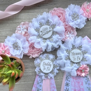 Pink Snowflake Baby Shower Set, Pink White Maternity Sash, Snowflake Mommy To Be Pin, Daddy To Be Pin, Custom Order Welcome