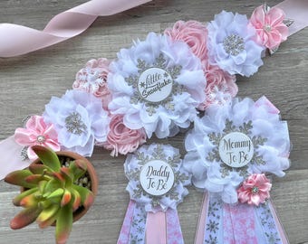 Pink Snowflake Baby Shower Set, Pink White Maternity Sash, Snowflake Mommy To Be Pin, Daddy To Be Pin, Custom Order Welcome
