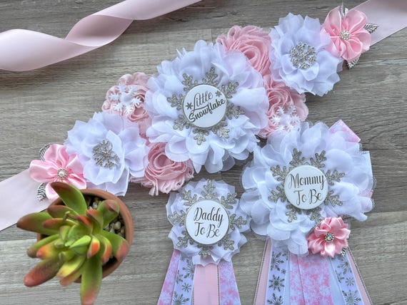 Pink Snowflake Baby Shower Set, Pink White Maternity Sash, Snowflake Mommy To Be Pin, Daddy To Be Pin, Custom Order Welcome