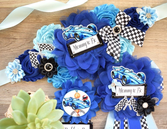 Boy Race Car Baby Shower, Blue Racing Car Maternity Sash, Mommy to Be Ribbon Pin, Daddy To Be Pin, Baby Shower Gift, Custom Sash