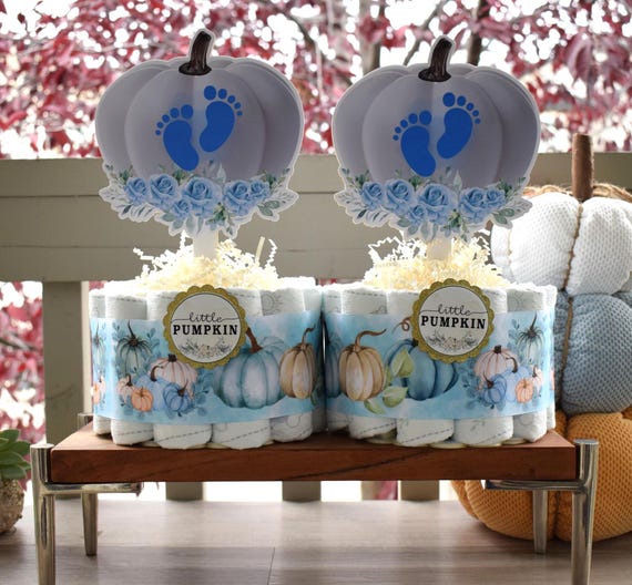 Boy Pumpkin Mini Diaper Cake Baby Shower, Blue Boy Pumpkin Baby Shower Centerpieces Decorations, Neutral Shower Party Decor, New Mom Gifts