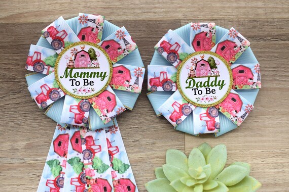 Farm Barn Animal Baby Shower, Cow Sheep Horse Mommy To Be Ribbon Pin, Daddy To Be Ribbon Pin
