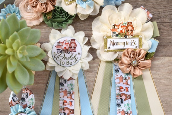 Blue Boy Woodland Baby Shower, Woodland Maternity Sash, Woodland Mommy To Be Ribbon, Woodland Daddy To Be Pin, Baby Shower Gift- S0005