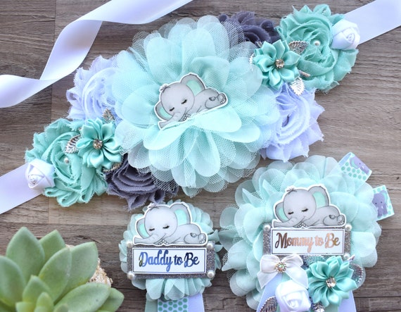 Aqua Elephant Baby Shower, Baby Aqua White Grey Elephant Sash and Pin, Elephant Mommy To Be Corsage Pin, Elephant Daddy Pin, Boy Elephant