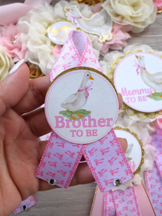 Girl Silly Goose Baby Shower, Goose Maternity Belly Sash, Ivory Pink Gold Mommy To Be Ribbon Pin, Goose Daddy To Be Pin, Family Custom Pins