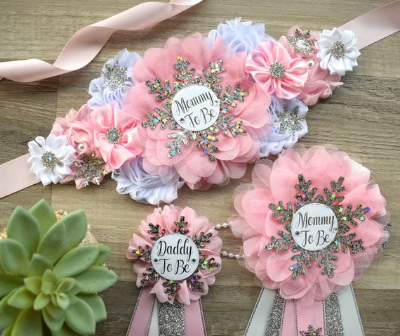 Pink Snowflake Baby Shower, Pink Silver Maternity Sash, Snowflake Mommy To Be Ribbon, Daddy To Be Pin, Baby Shower Gift, Custom
