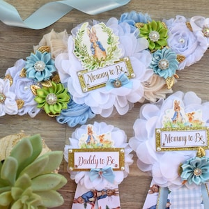 Rabbit Baby Shower, Boy Rabbit Mommy to Be Pin, Blue Green Boy Rabbit Shower, Rabbit Mommy Corsage Pin