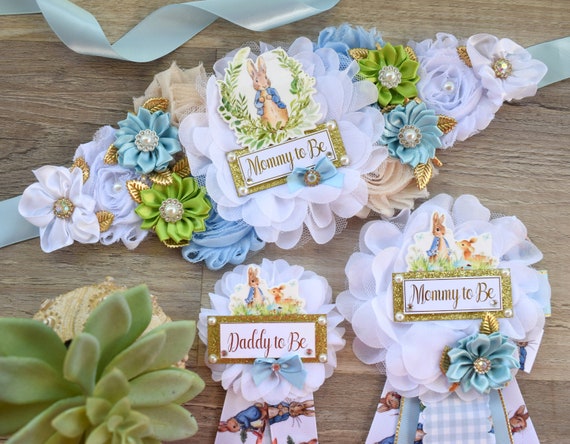 Rabbit Baby Shower, Boy Rabbit Mommy to Be Pin, Blue Green Boy Rabbit Shower, Rabbit Mommy Corsage Pin