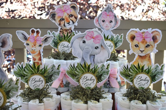 Girl Jungle Safari Mini Diaper Cake Baby Shower, Pink Bow Baby Shower Centerpieces Decorations, Girls Room Nursery, New Mom Gifts - S0002
