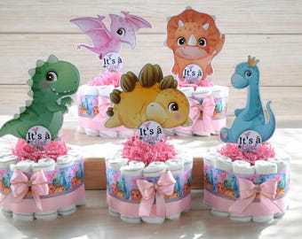 Girl Dinosaur Mini Diaper Cake for Baby Shower, Dinosaur Diaper Cake Centerpieces Decor, New Mom Gift II Set of 4 Mini Diaper Cakes