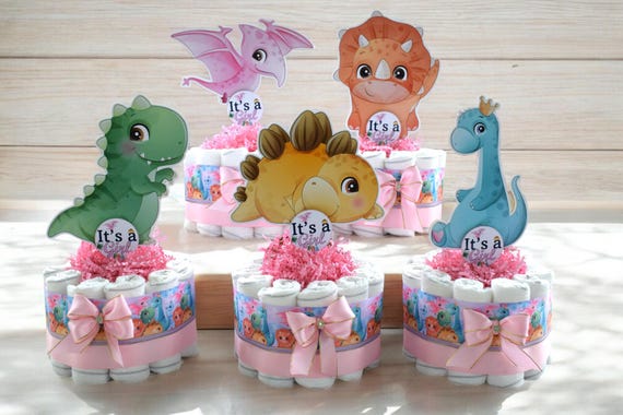 Girl Dinosaur Mini Diaper Cake for Baby Shower, Dinosaur Diaper Cake Centerpieces Decor, New Mom Gift II Set of 4 Mini Diaper Cakes