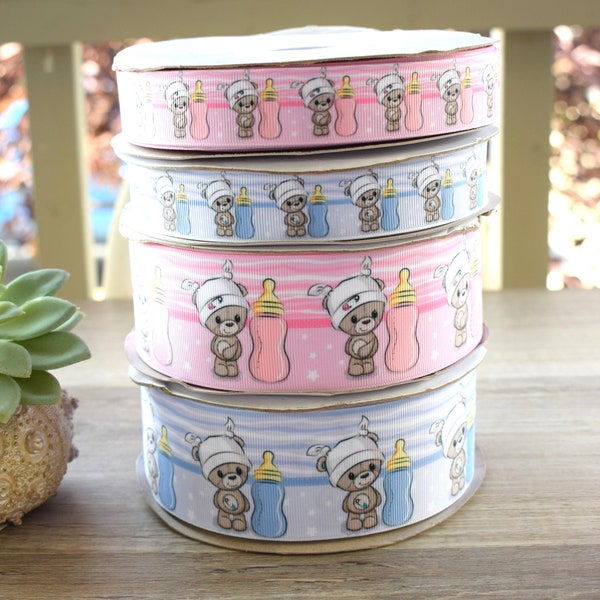 Bear Baby Shower Ribbon, Pink and Blue Baby Bear Ribbon, Girl And Boy Bear Ribbon || 3 Yards of Ribbon - 1" (25mm) / 2" (50mm)