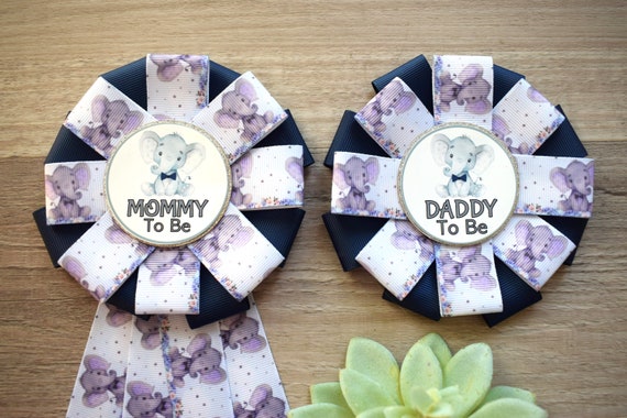 Navy Blue Elephant Baby Shower, Boy Navy Blue Grey Elephant Mommy To Be Ribbon Pin, Daddy To Be Pin, Parent's To Be Pin