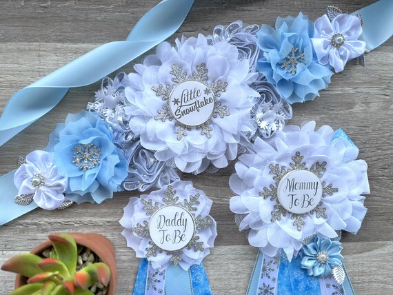 Boy Snowflake Baby Shower Set, Blue White Maternity Sash, Snowflake Mommy To Be Pin, Daddy To Be Pin, Custom Order Welcome