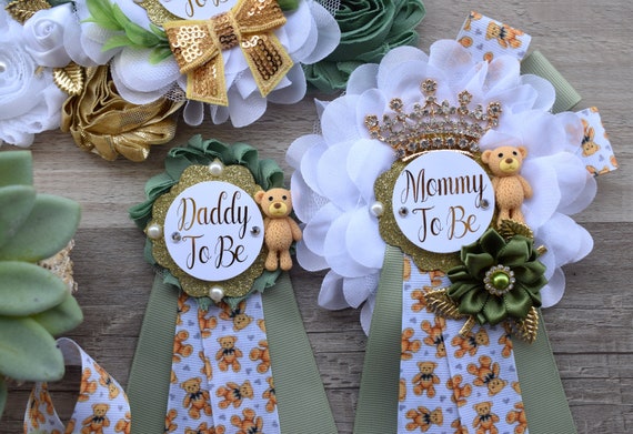 Bear Greenery Baby Shower, Bear Green White Gold Belly Sash, Bear Greenery Mommy To Be & Daddy To Be, Greenery Baby Shower Maternity Sash