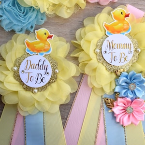 Gender Reveal Rubber Duck Baby Shower, Duck Sash, Mommy To Be Ribbon, Daddy To Be Pin, Yellow Blue Pink Rubber Duck Baby Shower Gift