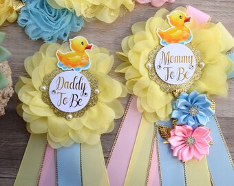 Gender Reveal Rubber Duck Baby Shower, Duck Sash, Mommy To Be Ribbon, Daddy To Be Pin, Yellow Blue Pink Rubber Duck Baby Shower Gift