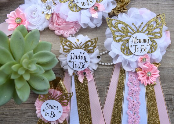 Pink White Butterfly Baby Shower, Butterfly Maternity Belly Sash, Pink Gold Butterfly Mommy To Be Ribbon, Butterfly Daddy To Be Pin, Custom