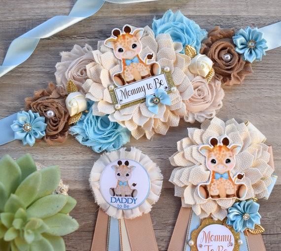 Boy Giraffe Baby Shower, Blue Giraffe Maternity Sash, Blue Giraffe Mommy To Be Pin, Giraffe Daddy To Be Pin, Baby Shower Gift, Custom Pin