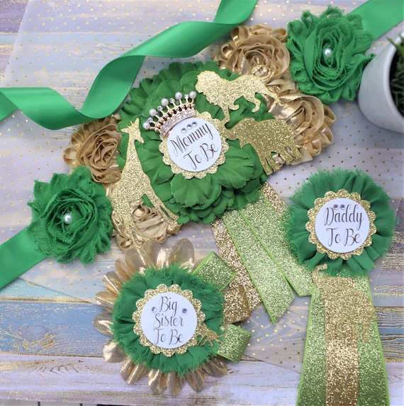 Safari Green Gold Flower Sash, Gold Safari Animals, Greenery Gold Maternity Sash, Jungle Safari Green Gold Baby Shower, Mommy pin, Daddy pin