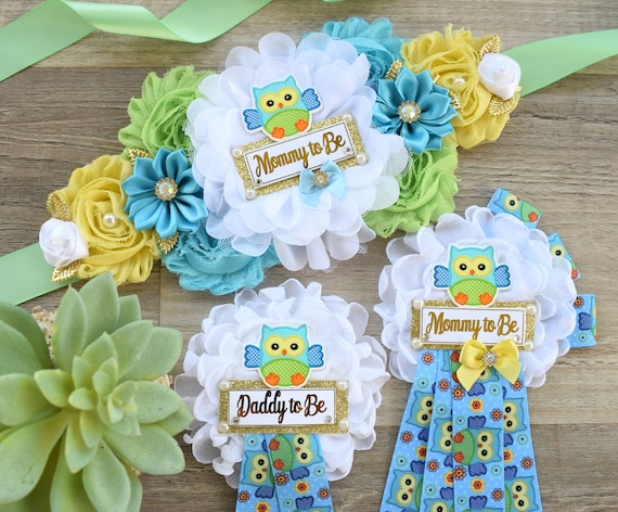 Boy Owl Baby Shower, Owl Mommy To Be Ribbon Baby Shower, Owl Blue Green Mommy To Be Pin, Owl Daddy To Be Pin