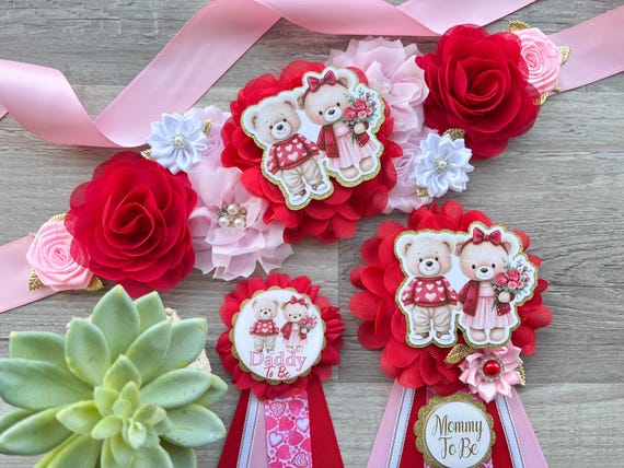 Gender Reveal Valentine Baby Shower, Little Bear Sweetheart Maternity Sash, Red Pink Heart Mommy To Be Pin, Daddy To Be Pin, Custom