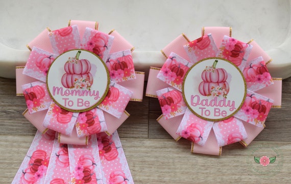 Pink Pumpkin Baby Shower, Light Pink Mommy To Be Ribbon Pin, Pumpkin Daddy To Be Pin, Big Sister Pin, Big Brother Pin