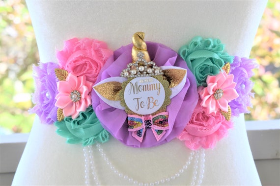 Unicorn Baby Shower, Unicorn Maternity Sash, Unicorn Flower Sash, Pastel Belly Sash, Purple Aqua Pink Sash, Unicorn Baby Shower, Custom