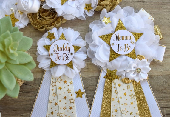 White Twinkle Twinkle Little Star Baby Shower, White Gold Maternity Sash, Twinkle Gender Reveal Gold, Mommy To Be Pin, Daddy To Be Pin