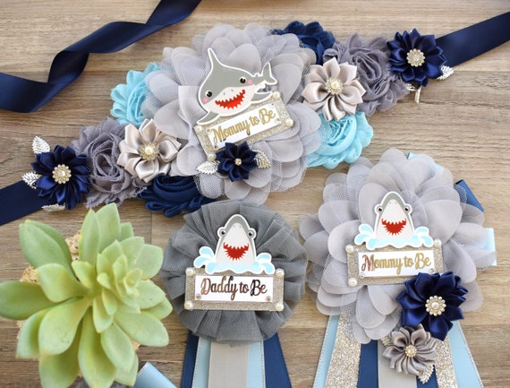 Shark Baby Shower, Blue Gray Maternity Sash, Shark Blue Grey Blue Baby Shower, Shark Mommy To Be Ribbon, Daddy To Be Pin, Custom