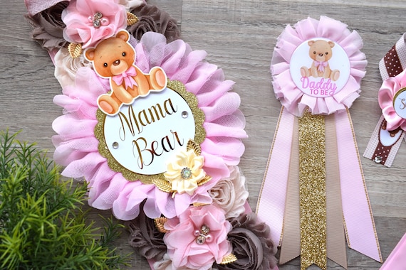 Girl Teddy Bear Baby Shower, Pink Bear Mommy Bear Maternity Sash, Papa Teddy Bear Mommy Daddy To Be Corsage, Pink Girl Teddy Bear, Custom