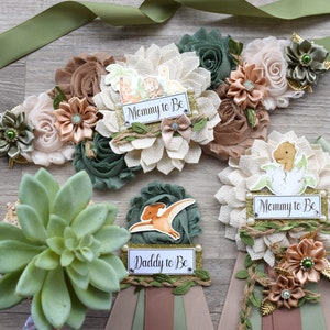 Boho Dinosaur Baby Shower, Dinosaur Mommy To Be Ribbon, Dinosaur Maternity Sash, Dinosaur Daddy to Be Pin, Dino Diaper Cake, Cupcake - S0002