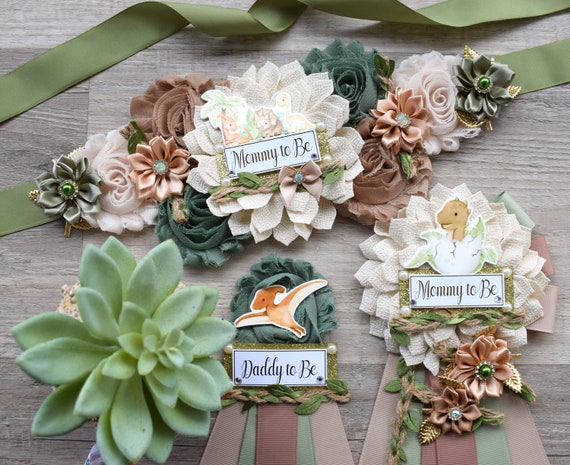 Boho Dinosaur Baby Shower, Dinosaur Mommy To Be Ribbon, Dinosaur Maternity Sash, Dinosaur Daddy to Be Pin, Dino Diaper Cake, Cupcake - S0002