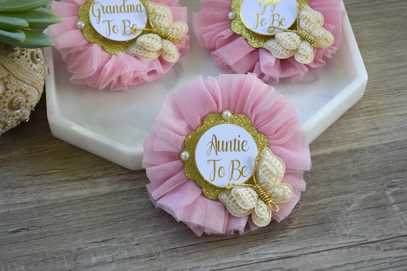 Pink Butterfly Baby Shower, Butterfly Family Pin, Butterfly Pink Gold Badge Pins, Butterfly Corsage Pins, Custom Tags