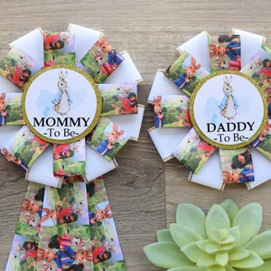 Gender Reveal Rabbit Baby Shower, Bunny Mommy to Be Ribbon Pin, Daddy To Be Pin, Parent&#39;s To Be Pins