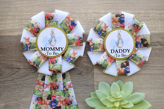 Gender Reveal Rabbit Baby Shower, Bunny Mommy to Be Ribbon Pin, Daddy To Be Pin, Parent's To Be Pins