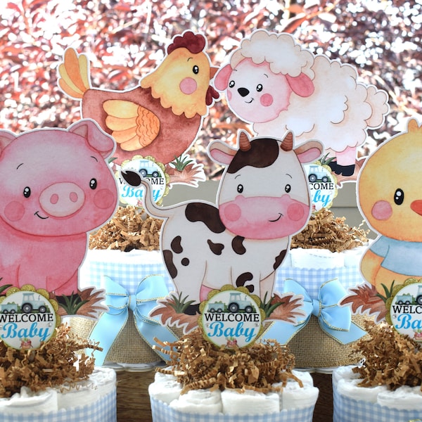 Boy Farm Animal Mini Diaper Cake Set, Blue Barn Baby Shower, Baby Shower Centerpieces Decorations, Boy Room Nursery, New Mom Gifts - S0007