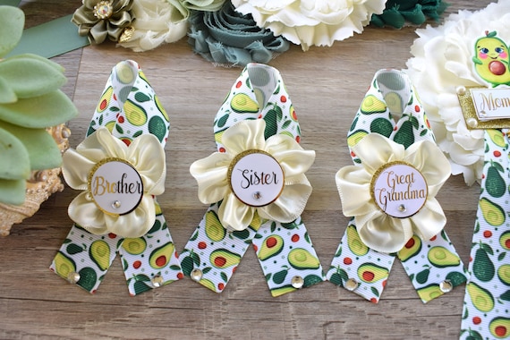Holy Guacamole Avocado Baby Shower, Green Ivory Gold Maternity Sash, Avocado Baby Shower, Avocado Mommy To Be Ribbon Pin, Daddy To Be Pin
