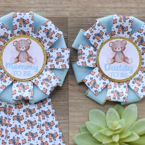 Baby Boy Blue Teddy Bear Baby Shower, Boy Bear Mommy To Be Ribbon Pin, Blue Teddy Bear Daddy To Be Pin, Parent&#39;s To Be Pins